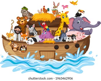 Noah's Ark with Animals on water wave isolated on white background illustration