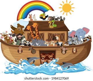 Noah's Ark with Animals on water wave isolated on white background illustration