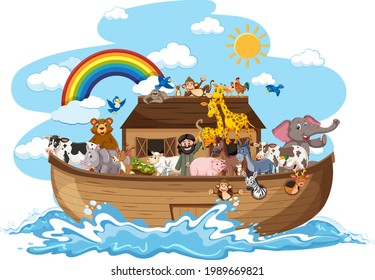 Noah's Ark with Animals on water wave isolated on white background illustration