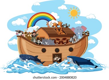 Noah's Ark with Animals on water wave isolated on white background illustration