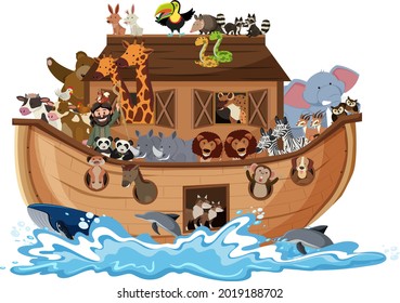 Noah's Ark with Animals on water wave isolated on white background illustration
