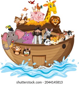 Noah's Ark with Animals on water wave isolated on white background illustration