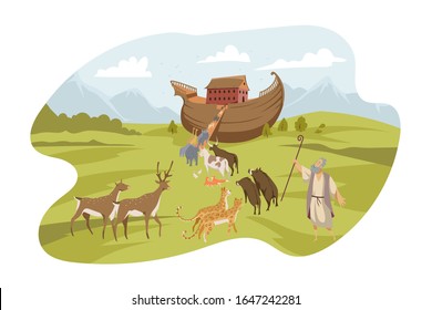 Noahs Ark, Bible concept. Noah calls every animal on his Ark. Biblical illustration of world flood making by god and Noahs Ark in cartoon style. Picture of salvation from gods punisment. Vector flat