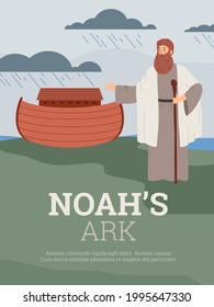 Noahs Ark Bible Episode Banner Or Poster Template, Flat Vector Illustration. Biblical Genesis Flood Narrative Scene Of Old Testament Or Hebrew Bible, Torah.