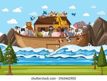 Noah's ark floating with many animals in the ocean scene illustration