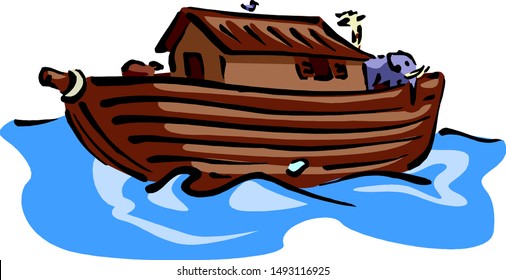 Noah's ark is floating in the waves.