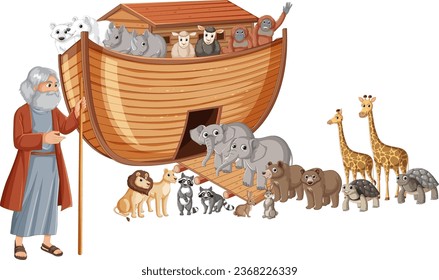 Noah's Ark: Illustration of animals boarding the boat before the flood