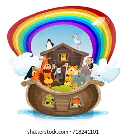 Noah's Ark With Rainbow/
Illustration of a cute cartoon group of wild animals inside biblical noah's ark, with lion, elephant, giraffe, gazelle, gorilla monkey, ape, zebra, birds on rainbow background