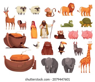 Noahs ark set of isolated icons with human characters of bible characters with animals and boat vector illustration