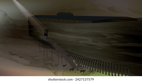 Ilustración vectorial de Noé. Gran inundación. Noé y los animales van al arca. Biblia de dibujos animados. Ilustración para historias bíblicas.  Antiguo Testamento. 