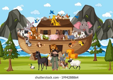 Noah's Ark with wild animals in nature scene illustration