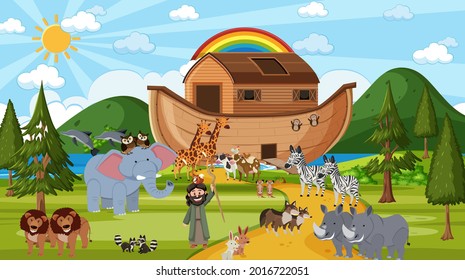 Noah's Ark with wild animals in nature scene illustration