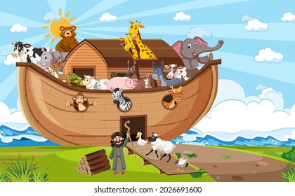 Noah's Ark with wild animals in nature scene illustration