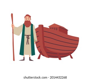 Noahs The Bible Prophet And His Ark Boat, Flat Vector Illustration Isolated On White Background. Biblical Genesis Book And Torah Flood Narrative Hero.