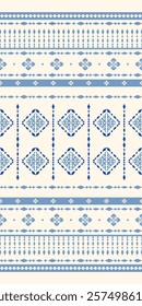 Nobel Exquisitely Motif Traditional  Ornament Blue Silk Embroidery Weaves on Off White Background. Elegance Seamless Border Pattern with Ornate Florals Geometric Striped Decoration Precious Diamonds