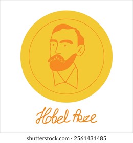 Nobel Prize Medal with Alfred Nobel portrait. Honorary achievement in science. Flat vector illustration on isolated white background.