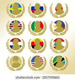 Nobel Prize Symbols Winners 2021 With National Falgs, Vector Illustration