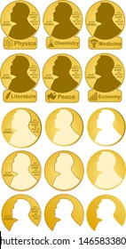 Nobel prizes in Physics, Chemistry, Medicine, Literature, Economic, Peace. Award ceremony. Gold medal set, 15 pc. Fully editable EPS10 vector file.