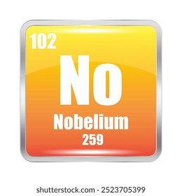 Ícone Nobelium. Nenhum elemento químico. Número atômico 102. Massa 259. Quadrado laranja.