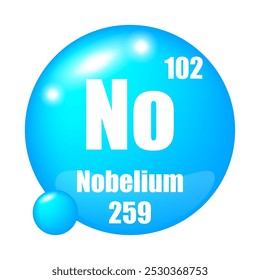 Ícone Nobelium. Nenhum elemento químico. Número atômico 102. Massa 259. Esfera azul brilhante.