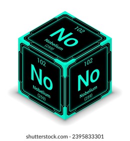 Nobelium (No) (102) - Fundamental Element Futuristic Cybernetic Cube Block Isometric View, Icon Isolated White Background, Periodic Table, Chemical Symbol, Name, Atomic Mass, Atomic Number