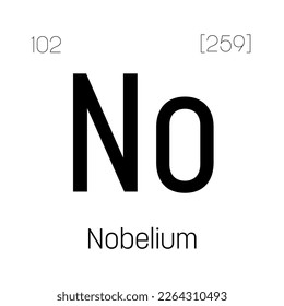 Nobelium, No, periodic table element with name, symbol, atomic number and weight. Synthetic radioactive element with potential uses in scientific research and nuclear power.