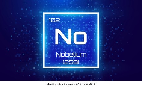 Nobelio. Elemento de tabla periódica con símbolo No. Tarjeta de elemento químico con número y peso atómico. Diseño para Educación, Laboratorio, Clase de Ciencias. Ilustración vectorial.