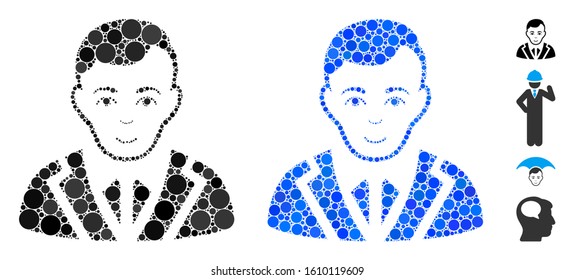 Noble composition of small circles in various sizes and color tones, based on noble icon. Vector small circles are composed into blue illustration. Dotted noble icon in usual and blue versions.