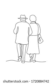 Noble couple in continuous line art drawing style. Back view of aristocratic man and woman walking together. Minimalist black linear sketch isolated on white background. Vector illustration