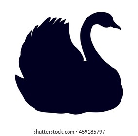 Noble Cygnus spread its airfoil rest on quiet lake isolated on white backdrop. Black drawn logo in art ancient engraving style. Closeup view with space for text