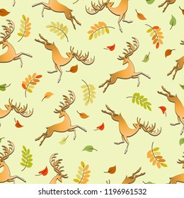 Noble deer. Falling colored leaves. Seamless pattern. Autumn leaves and deers on a light background. Design for background, textiles and packaging materials.
