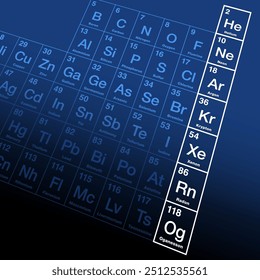 Noble gases, chemically related elements of group 18 in the periodic table. Helium, neon, argon, krypton, xenon, radon, and oganesson. Also known as the inert gases and aerogens. Illustration. Vector