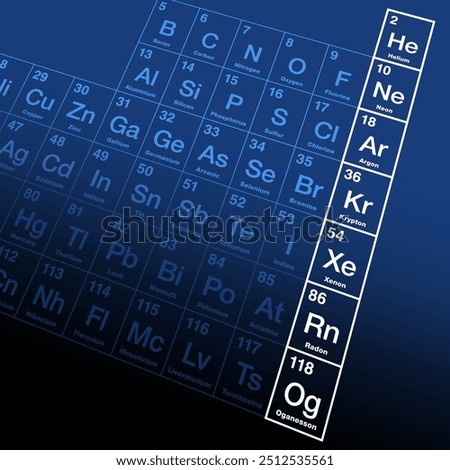 Noble gases, chemically related elements of group 18 in the periodic table. Helium, neon, argon, krypton, xenon, radon, and oganesson. Also known as the inert gases and aerogens. Illustration. Vector