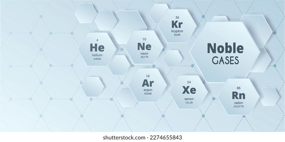 Noble gases. Helium, argon, neon, krypton, xenon, radon. Chemical elements in hexagons. Chemical background. Educational concept. Vector illustration