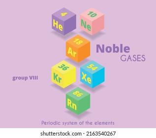 Noble gases. Periodic system of chemical elements. Argon, helium, neon, krypton, xenon. Chemical symbol. Chemical element.chemical elements in the form of multi-colored 3d cubes.