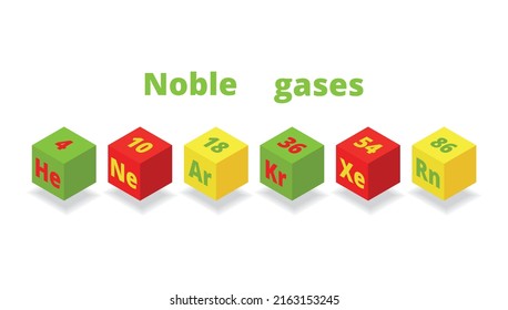 Noble gases. Vector illustration Periodic system of chemical elements. Argon, helium, neon, krypton, xenon. Chemical symbol. Chemical element.