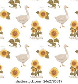 Edle Gans. Lustige Vektorillustration. Endloses Muster aus Gänsen, Sonnenblumen, weißer Hintergrund. Druck für Textil, Druck, Stoff. Lustige Babyoutfits, niedlicher Stil