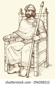 Noble great wise bearded aged Knyaz of Kievan Rus sit on luxury ornate wooden gilded seat with regal rod in hand and hat. Vector freehand ink drawn background sketch in art antiquity engraving style