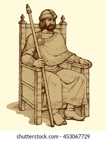 Noble great wise bearded aged Knyaz of Kievan Rus sit on luxury ornate wooden gilded seat with regal rod in hand and hat. Freehand outline ink drawn background sketch in art retro engraving style