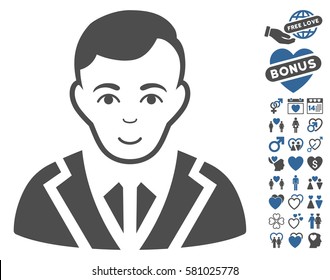 Noble icon with bonus romantic pictograms. Vector illustration style is flat iconic cobalt and gray symbols on white background.