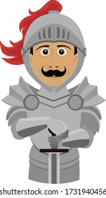 A noble knight in armor with a sword. Fun and funny character vector illustration on a white isolated background.