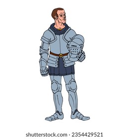 A noble knight in medieval armor  Color vector illustration and contour lines in black ink  isolated white background in cartoon style 