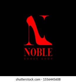 Noble logo. N monogram. Shoes shop emblem. Red female shoes with heel like N letter, isolated on a dark background. Premium brand.