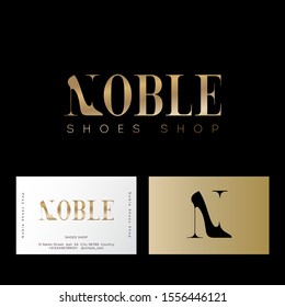 Noble logo. N monogram. Shoes shop emblem. Golden female shoes with heel like N letter, isolated on a dark background. Business card.