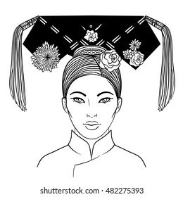 Noble Manchurian Woman of Qing Dynasty, 19th Century. Traditional Chinese hairstyle with a hair board, called double horns, decorated with flowers and tassels. Vector illustration isolated on white.