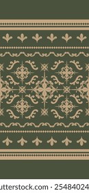 Noble Opulencia de oro teje bordado sobre patrón de fondo verde caqui. Frontera sin costuras opulento tono de verde, evocando una sensación de lujo y elegancia atemporal para la decoración de ropa, cojín, alfombra