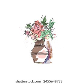 Noble roses in a simple clay jug.The jug with flower bouquet.  Flat style bright element for greeting card. Vector watercolor  illustration.