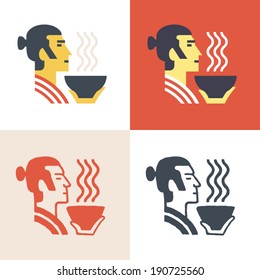 Noble samurai hold plate with hot rice at his hand. Vector icon set. Logo template.