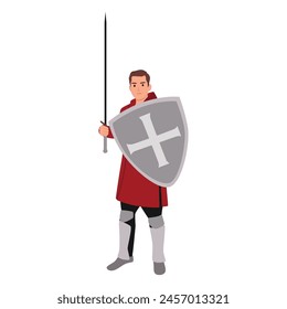 Noble warrior. Portrait of one medeival warrior or knight in armor and helmet with shield and sword. Flat vector illustration isolated on white background