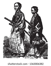 Nobleman and Servant which are Japanese nobleman and servant, vintage line drawing or engraving illustration.